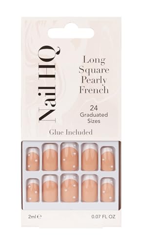 Nail HQ Press On Nails – Long Square Pearly French Nails, 24 Durable Glossy Finish False Nails for Salon-Quality Manicure at Home