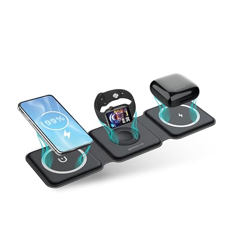 Groov-e Triton Wireless Charging Station - 3-in-1 Magnetic Folding Wireless Phone Charger with Fast Charging for Smartphones, Android, iPhone, AirPods, Apple Watch, & Wireless Earbuds