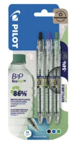 Pilot Pack of 3 Retractable Gel Ink Pens - 1 Black 1 Blue 1 Green Refillable