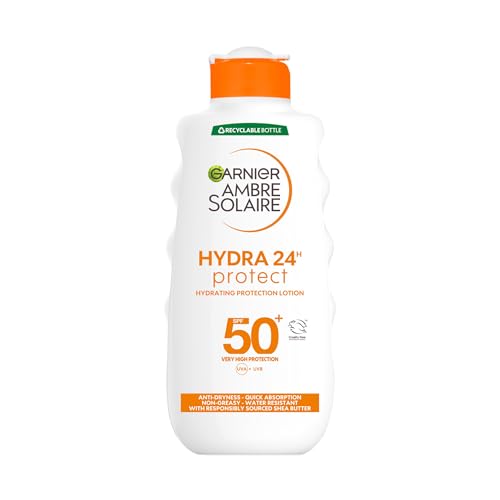 Garnier Ambre Solaire Hydra 24 Hour Protect Lotion, Water Resistant Sunscreen, With Shea Butter, Uva And Uvb Protection, Unscented, Sun Protection Factor 50, 200 Ml