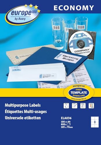 Europe 100 800 White Personalised Self-Adhesive Labels 105x70mm - Laser, Inkjet and Copy Printers
