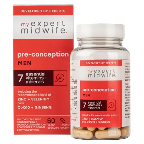 My Expert Midwife Pre-Conception Men Vitamins, 60 Vegan Food Supplement Capsules, 7 Essential Vitamins + Minerals Including The Recommended Level of Zinc + Selenium Plus CoQ10 + Ginseng