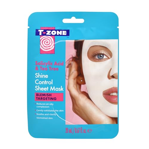 T-Zone Salicylic Acid & Tea Tree Shine Control Sheet Mask - Antibacterial Tea Tree and Exfoliating Salicylic Acid - Reduces Excess Oil, Promotes Clear Complexion, 20ml