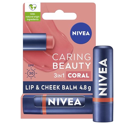 NIVEA Caring Beauty Coral Lip Balm SPF30 (4.8g), 3-in-1 Buttery Lip and Cheek Tint, Rich Colour and 24H Moisturisation with SPF 30 Protection