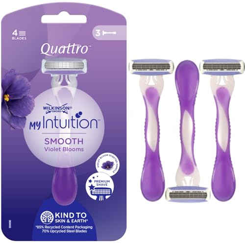 Wilkinson Sword Quattro My Intuition Smooth Violet Blooms Disposable Razor for Women with 4 Moisturising Blades, Hair Removal Razor for Sensitive Skin, Pack of 3