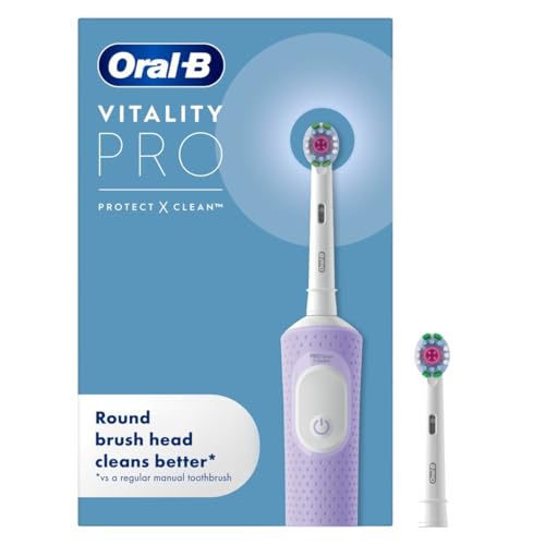 Oral-B Vitality Pro Electric Toothbrushes Adults, 1 Handle, 2 Oral B Electric Toothbrush Heads, 3 Brushing Modes Including Sensitive Plus, Rechargeable, 2 Pin UK Plug, Purple
