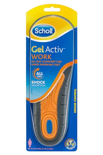 Scholl GelActiv Work Insoles for Women, GelActiv Shock Absorption Insoles for Standing All Day - Insoles for Work Boots or Work Shoes - UK Shoe Size 3.5-7.5, 1 Pair (Packing May Vary)