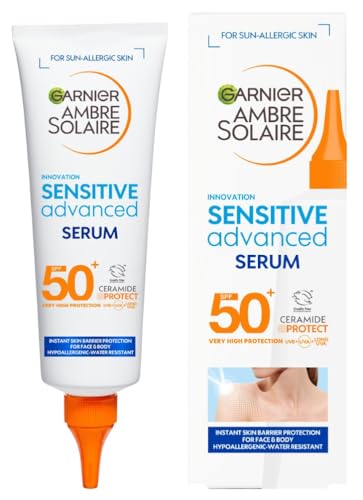 Garnier Ambre Solaire SPF 50+ Sun Protection Serum Face & Body, Non-Sticky, Non-Greasy Fluid Texture, No White Cast, Sensitive Advanced, 125 ml