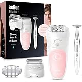Braun Silk-épil 5 Epilator for Hair Removal, 3 in 1, Includes Shaver & Trimmer Head, Cordless, Gentle Hair Removal Setting, Wet & Dry, 100% Waterproof, 2 Pin Bathroom Plug, 5-820, White/Pink