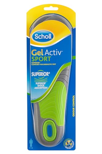Scholl GelActiv Sport Insoles for Men, UK Size 7-12 - Comfort & Shock Absorption, Odour Control, Ideal for Running Trainers & Sports Shoes, 1 Pair