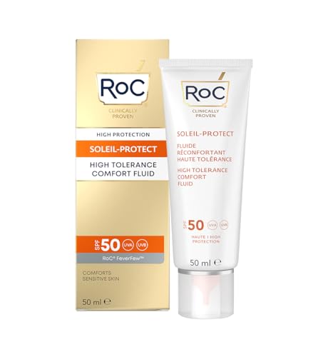 RoC - Soleil-Protect High Tolerance Comfort Fluid SPF 50 - UVA/B Protection - Face Moisturiser - Hypoallergenic Sunscreen - Sensitive Skin - 50 ml