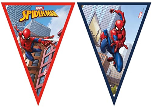 Procos - 9 Triangular Marvel Spider-Man Crime Fighter in FSC Folat Paper 93867P Spider-Man Flag, Multicoloured, 2.3 Metre-Line Flag, Garland, Children's Birthday Party