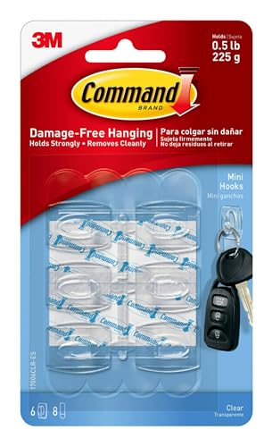 Command Decorating Hooks - Mini - Transparent - Multi pack of 6 Hooks and 8 Strips for Indoor Use - Suitable for hanging items up to 225g - Great for Decorations and Light Weight Items