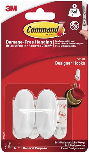 Command Small Designer Hooks, White - Pack of 2 Hooks and 4 Adhesive Strips - Damage Free Adhesive Wall Hooks