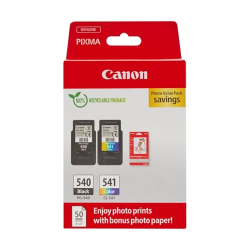 Canon Ink & Paper Multipack - PG-540/CL-541 Genuine Printer Ink Cartridges 2 Pack (1 x Black, 1 x Colour) & 4x6 Photo Paper (50 x Sheets) For PIXMA TS5150, TS5151, MG3650s, MG4250, TS5100