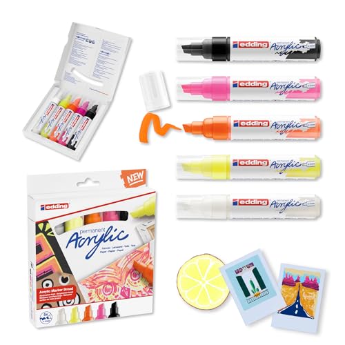 edding 5000 acrylic marker broad - neon colours - acrylic paint markers 5-pack (neon) - 5-10mm chisel nib - acrylic marker for painting on canvas, wood - acrylic marker waterproof