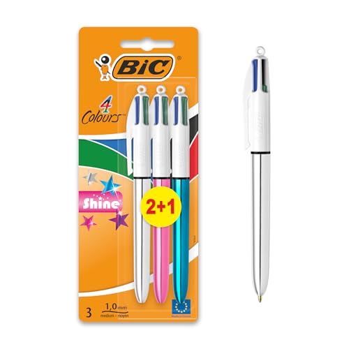 BIC 4 Colours Shine Pens, Multicoloured Pen, Retractable Ballpoint Pens, Biro Pens, Medium 1.0mm, Green, Blue, Black, Red, 3 Pens Per Pack, 1 Pack