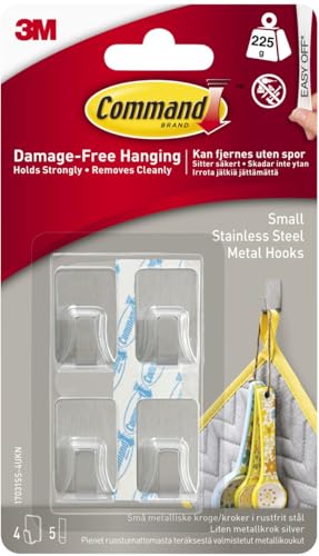 Command Small Stainless Steel Metal Hooks - 4 Hooks, 5 Adhesive Strips - Hooks for Wall and Door - Damage Free Hanging