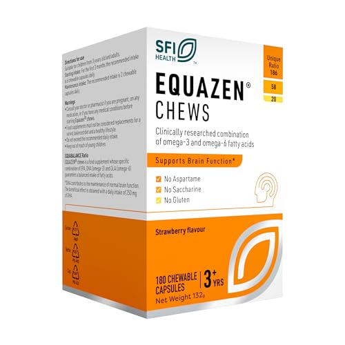 Equazen Childrens Chews, Omega 3 and Omega 6 Supplement, Clinically Researched Blend of DHA, EPA and GLA, Supports Brain Function, Suitable from 3+ to Adult, 180 Strawberry Flavoured Chews