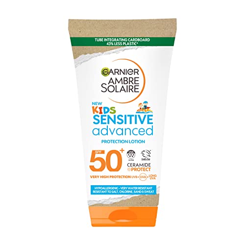 Garnier Ambre Solaire Kids Sensitive Hypoallergenic Sun Protect Lotion SPF 50+ Very High Protection Sunscreen Against UVA & UVB, Non Sticky Water Resistant Lotion, for Face & Body, Travel Size, 50ml
