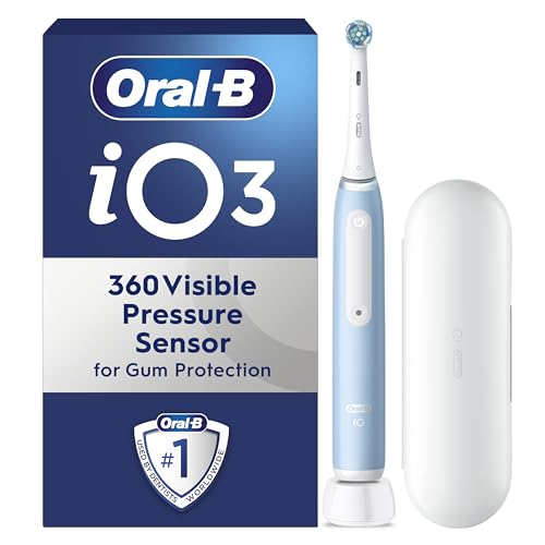 Oral-B iO 3 Ice Blue Electric Toothbrush, 1 Toothbrush Head, 1 Travel Case, Designed by Braun