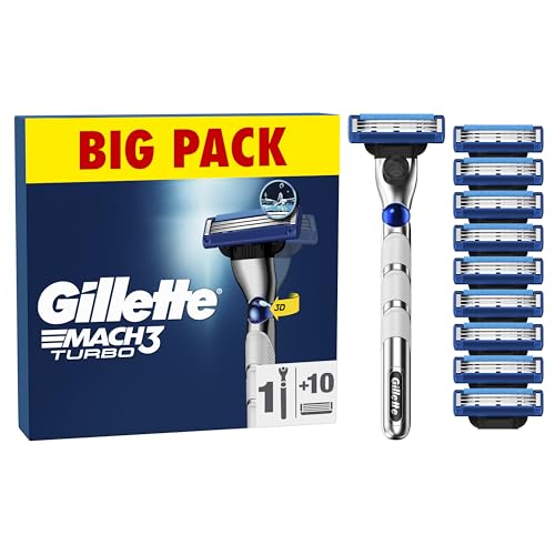 Gillette Mach3 Turbo Men's Razor + 9 Razor Blade Refills, 3 Blades for a Smooth Shave, Fits All Mach3 Handles