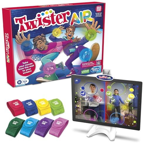 Twister Air Party Game Includes 4 Twister Air Wrist Bands, 4 Twister Air Ankle Bands, Device Stand with clip, base, and post, and Game Rules For Ages 8+ Years
