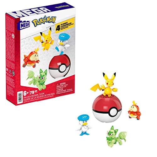 MEGA Pokémon Action Figure Building Toys for Kids, Paldea Region Team with 79 Pieces, Pikachu Fuecoco Sprigatito and Quaxly, and 1 Poké Ball, HPX92