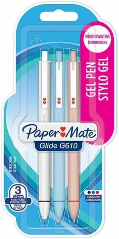 Papermate Glide G610Gel Stylo Pens Retractable Assorted Black, Blue, Red Ink Colours Fine Point Writing Nibs 0.5mm 3 Pack