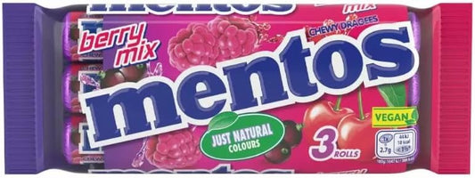 Mentos Berry Mix 3 Roll Flavoured Chewing Dragees Sweets 3x37.5g
