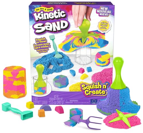 Kinetic Sand, Squish N’ Create with 382g of Blue, Yellow and Pink Play Sand, 5 Tools, Sensory Toys for Kids Aged 3 and Up