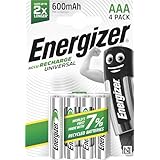Energizer Recharge Universal - Rechargeable Batteries AAA (4 Pack) - 600 mAh NiMH Triple A Battery - 100% Recyclable Plastic Free Packaging