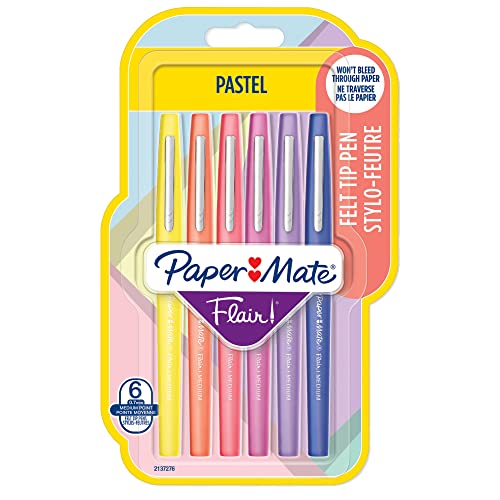 PAPER MATE Papermate 95236 Blister Pack of 6 Nylon Flair Marker, Assorted Colours, Pastel