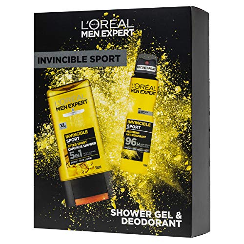 L'Oreal Men Expert Gift Set for Men, Invincible Sport 2 Piece Toiletries Gift Set: Shower Gel and Deodorant for Men