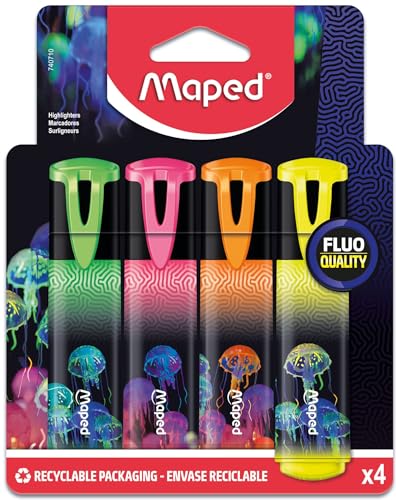 Maped - 4 Deepsea Paradise Highlighters - Chisel Tip Highlighters - Pack of 4 Highlighters Pink, Orange, Yellow, Green