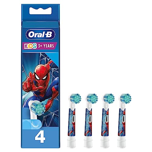 Oral-B Kids Electric Toothbrush Head, With Disney Spiderman, Extra Soft Round Bristles, For Ages 3+, Pack of 4 Toothbrush Heads, White