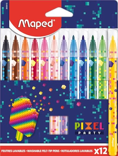 Maped – Pixel Party – Colouring Pen – Felt for Children – Washable Felt – Blocked Tip – Medium Tip – Cardboard Box of 12