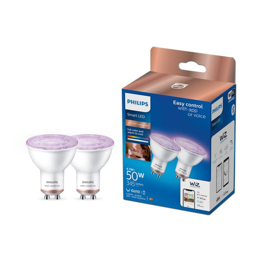 Philips Smart RGBW Colour Changing GU10 LED Light Bulbs, PAR16, 4.7W (50W Equivalent), 345 Lumens, Tunable White 2200-6500k, WiFi App & Voice Control (Apple, Alexa & Google) – 2 Pack