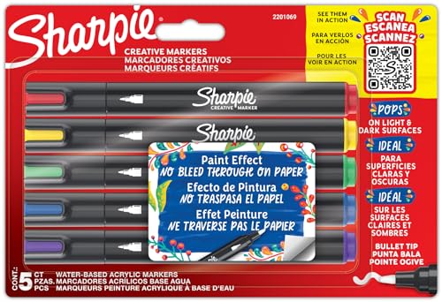 Sharpie Creative Marker Acrylic Paint Pens | Water-Based Paint Markers | No-Bleed Ink Writes on Most Surfaces | Bullet Tip | School & Revision Supplies | Assorted Colours | 5 Count