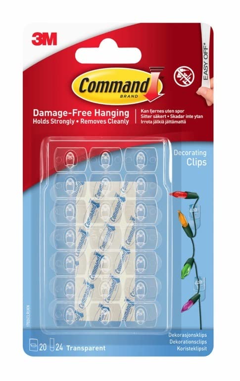 Command Decorating Clips, Pack of 20 Mini Hooks and 24 Small Strips, Transparent - Hanging Clips for Decorations and Fairy Lights, Wall Adhesive - Damage Free