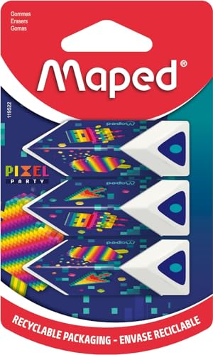 Maped - Set of 3 Pyramids Erasers - Provides Precision and Comfort - White Eraser - Pixel Party Range - Recyclable Packaging