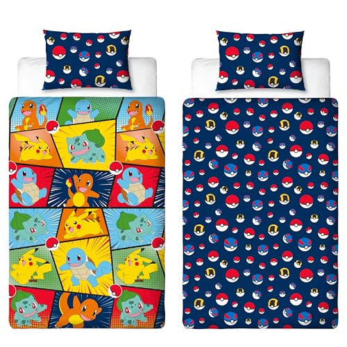 Pokemon Officially Licensed Single Kids Duvet Cover Set | Pikachu Bulbasaur Charmander Squirtle Design Reversible 2 Sided Bedding with Matching Pillowcase | Childrens Single Bed Set