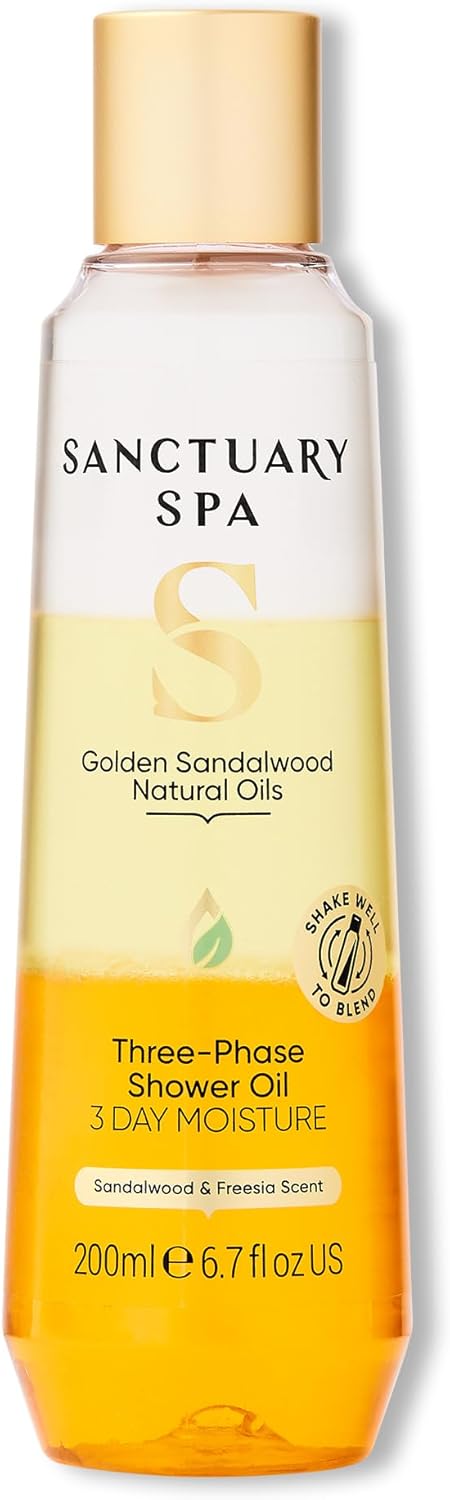 Sanctuary Spa Golden Sandalwood Three-Phase Shower Oil, 3 Day Moisture, Mineral Oil Free, Cruelty Free & Vegan, 250ml