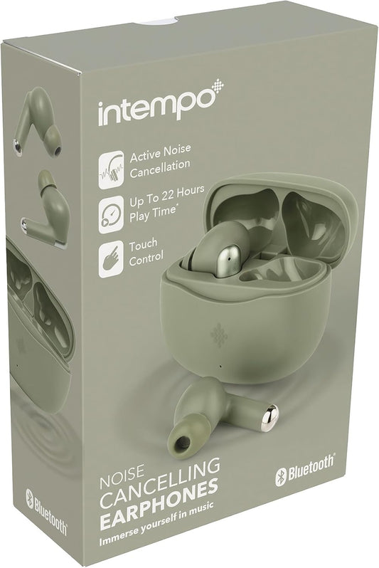 Intempo Noise Cancelling Earphones – Wireless Bluetooth Earbuds, Up to 22 Hours Play Time, Active Noise Cancellation, Touch Control, Extra Ear Caps, Type-C Charging Cable Included, Green