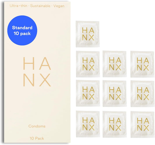 HANX Condoms | Ultra-Thin, Natural Latex with Silicone Lubricant | Paraben & Spermicide-Free | Dermatologically Approved | Strong & Reliable | Safe, Comfortable Protection | Standard (Pack of 10)