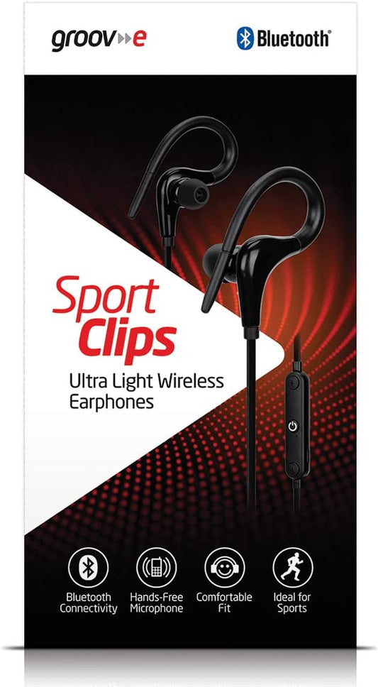 groov-e Sports Clips - Wireless Earphones Designed for Active Use - Comfort Fit with Flexible Ear Hooks & Hand-Free Mic - Bluetooth Connectivity, USB Charging - 6hrs Audio Playback