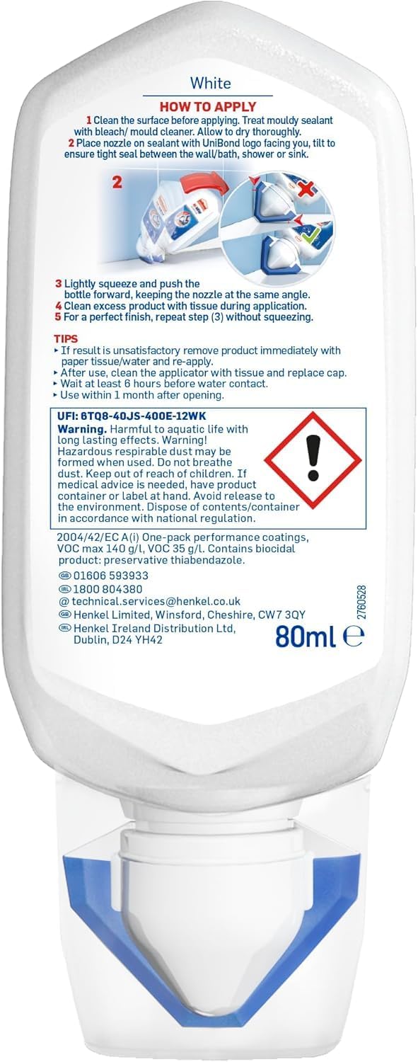 UniBond Re-New, White Silicone Sealant for Kitchen & Bath, One-Step Bathroom Sealant Renewal, Waterproof Kitchen Silicone with Triple Mould Resistance, 1 x 80ml