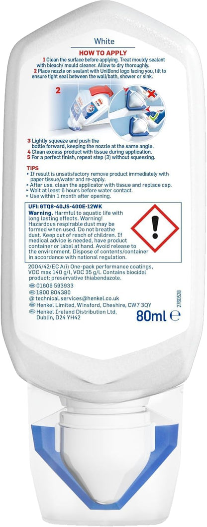 UniBond Re-New, White Silicone Sealant for Kitchen & Bath, One-Step Bathroom Sealant Renewal, Waterproof Kitchen Silicone with Triple Mould Resistance, 1 x 80ml
