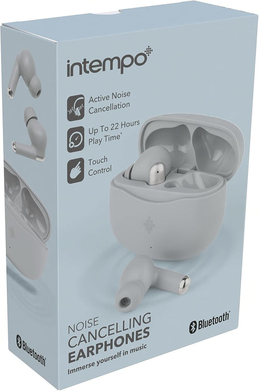 Intempo Noise Cancelling Earphones – Wireless Bluetooth Earbuds, Up to 22 Hours Play Time, Active Noise Cancellation, Touch Control, Extra Ear Caps, Type-C Charging Cable Included, Grey