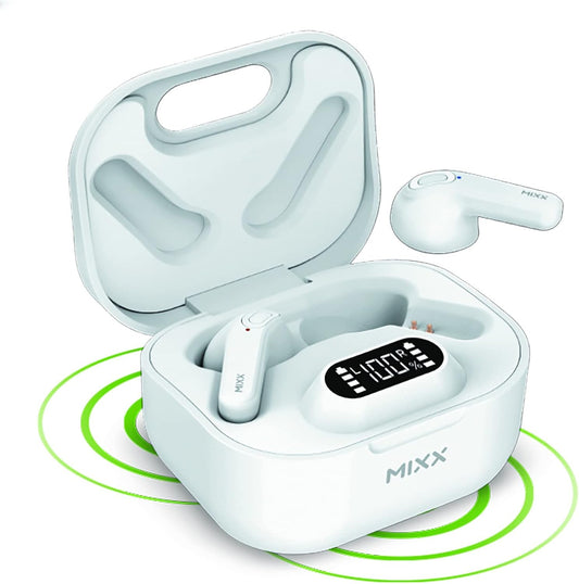 StreamBuds MIXX Hybrid - Wireless Bluetooth Headphones with Microphone, IPX5, HI-FI Stereo earphones, 40H Playtime with Charging Case, LED Display for Work or sport or play (White) (WHITE)